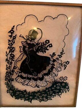 Vintage Reverse Painted Silhouette Convex Glass Copper Frame Floral Girl Wall Ar